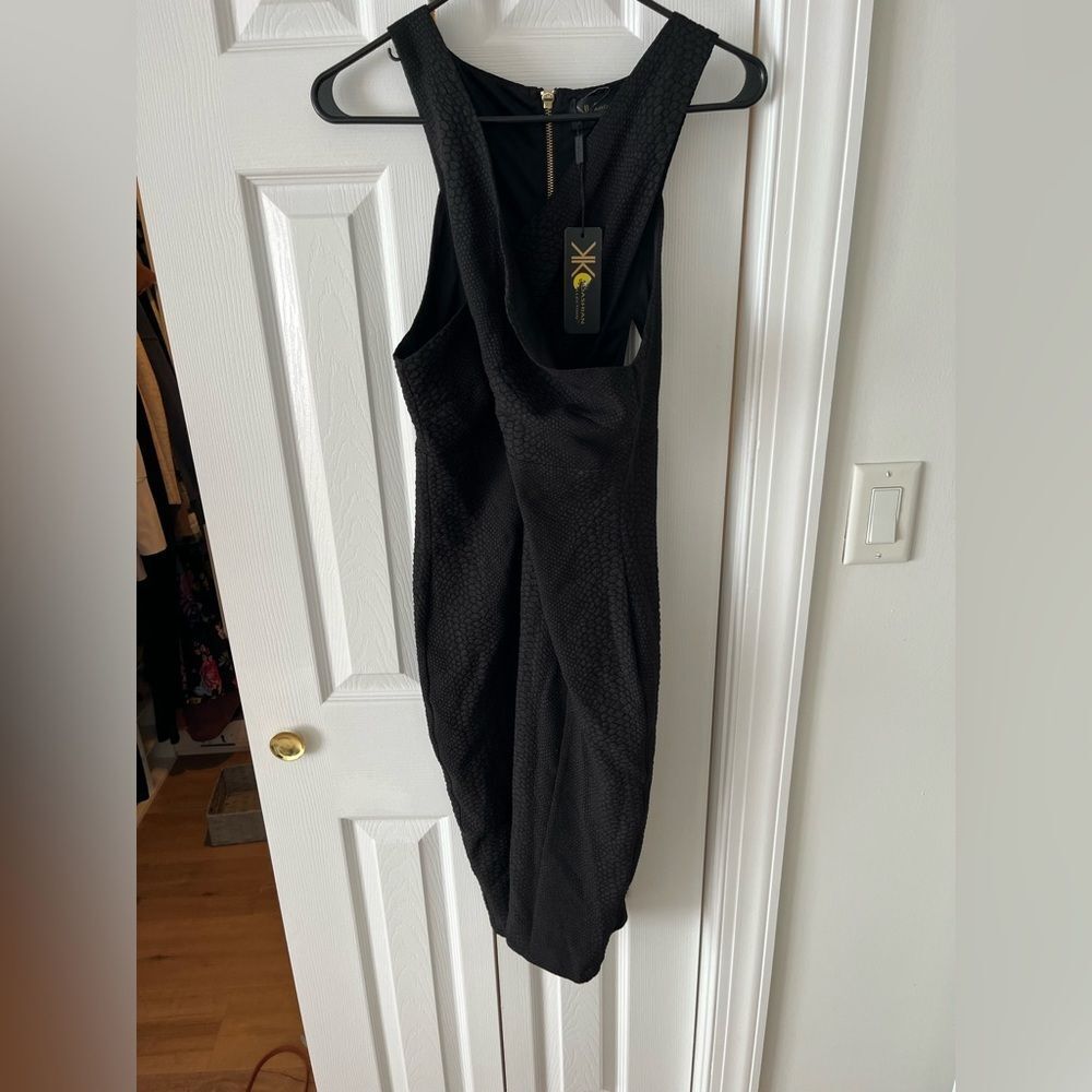 Kardashian Kollection Black Wrap Cutout Bodycon Dress Texture Gold Zipper XL NWT